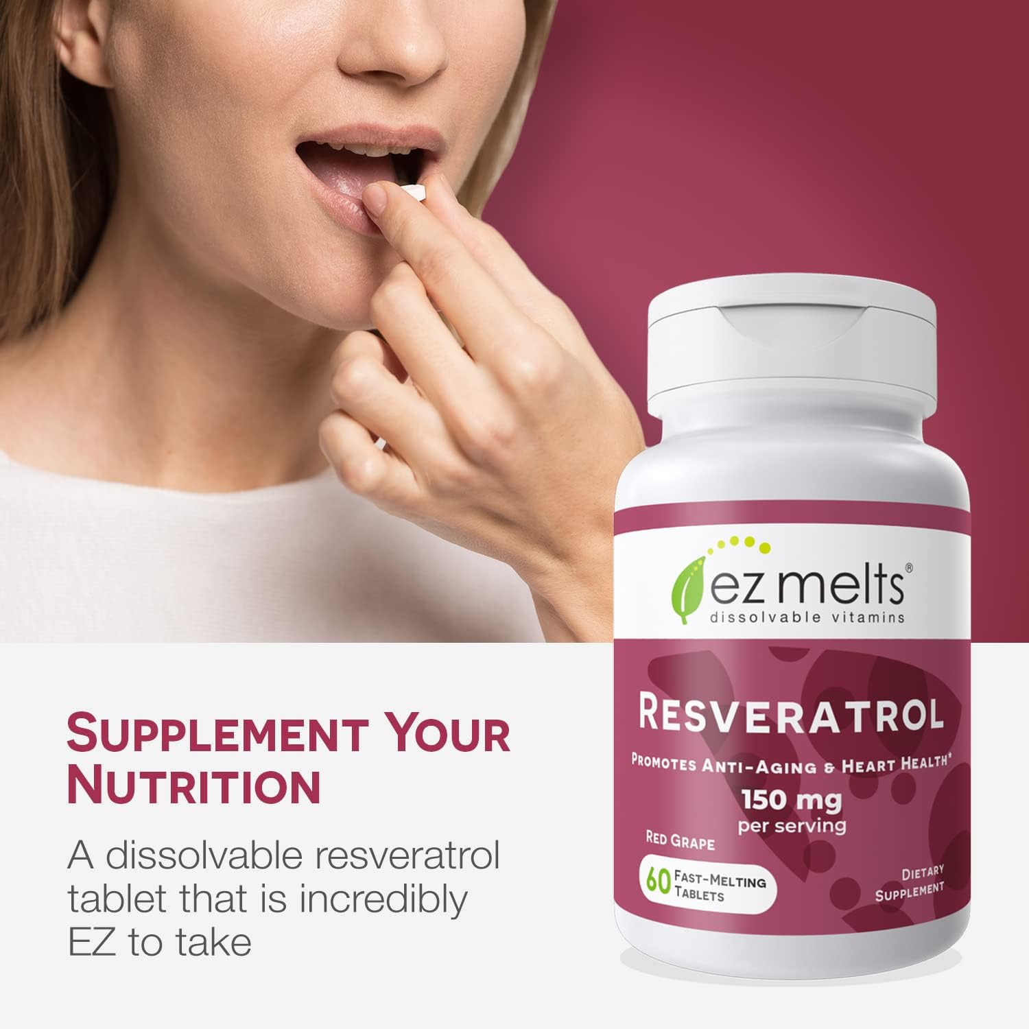 150 mg Resveratrol Supplement - Dissolvable Tablets, Sugar-Free - 30 Day Supply