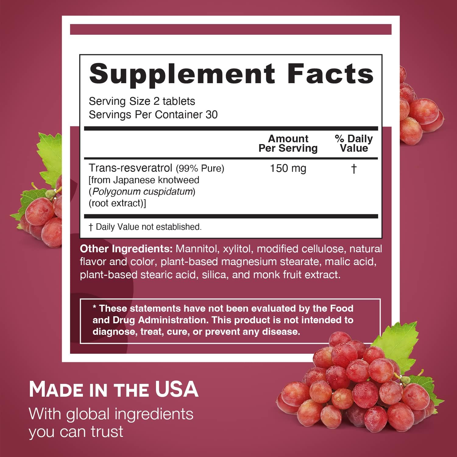 150 mg Resveratrol Supplement - Dissolvable Tablets, Sugar-Free - 30 Day Supply