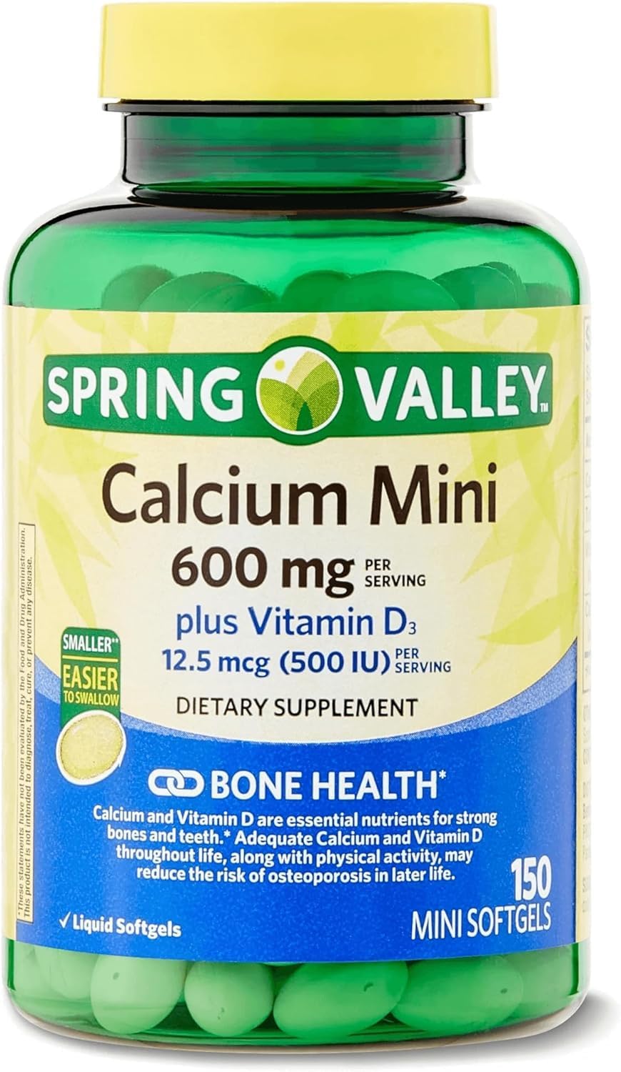 150 Mini Softgels Calcium Supplement with Vitamin D3 - 600 mg Calcium Carbonate - Spring Valley Mini Softgels