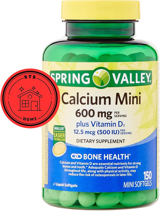 150 Mini Softgels Calcium Supplement with Vitamin D3 - Spring Valley STS Home Calcium Plus 600mg