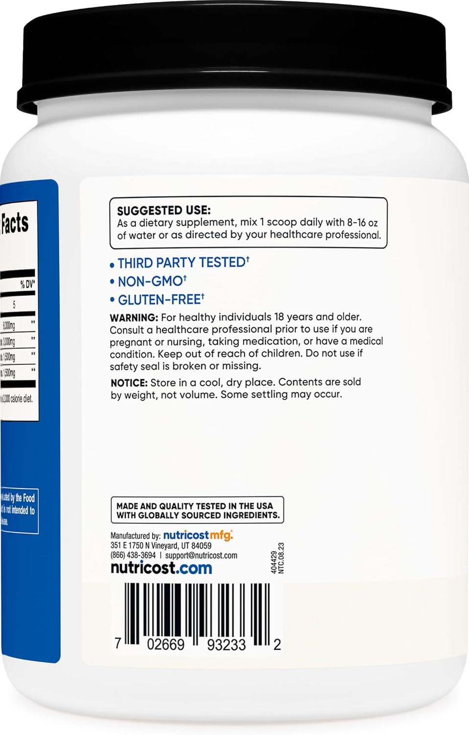 150 Servings of Unflavored Nutricost BCAA Powder 2:1:1