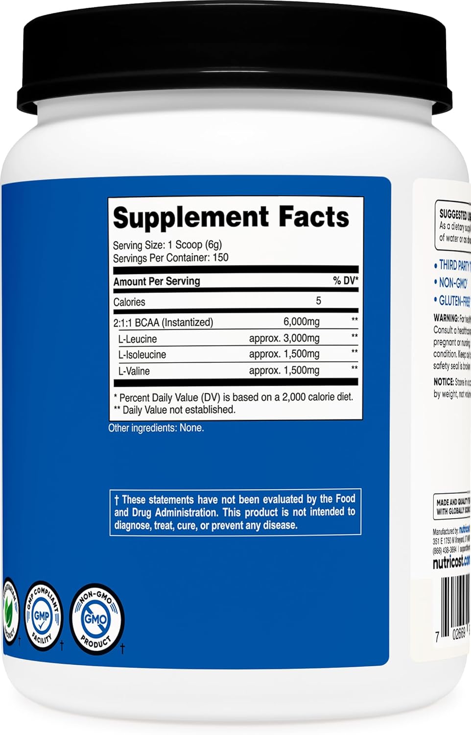 150 Servings of Unflavored Nutricost BCAA Powder 2:1:1