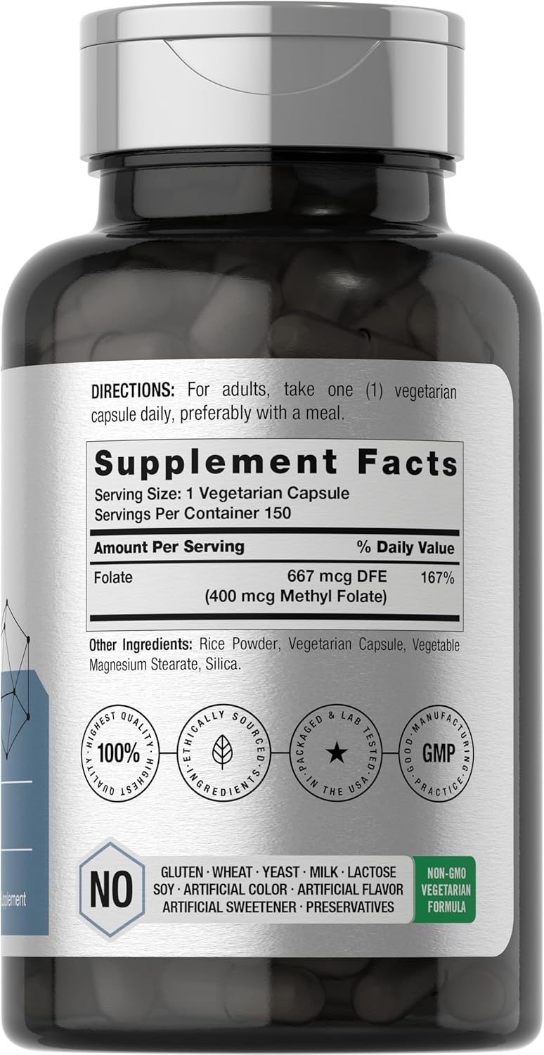 150 Vegan Capsules of Horbäach Methyl Folate 400 mcg - Non-GMO, Gluten Free Dietary Supplement