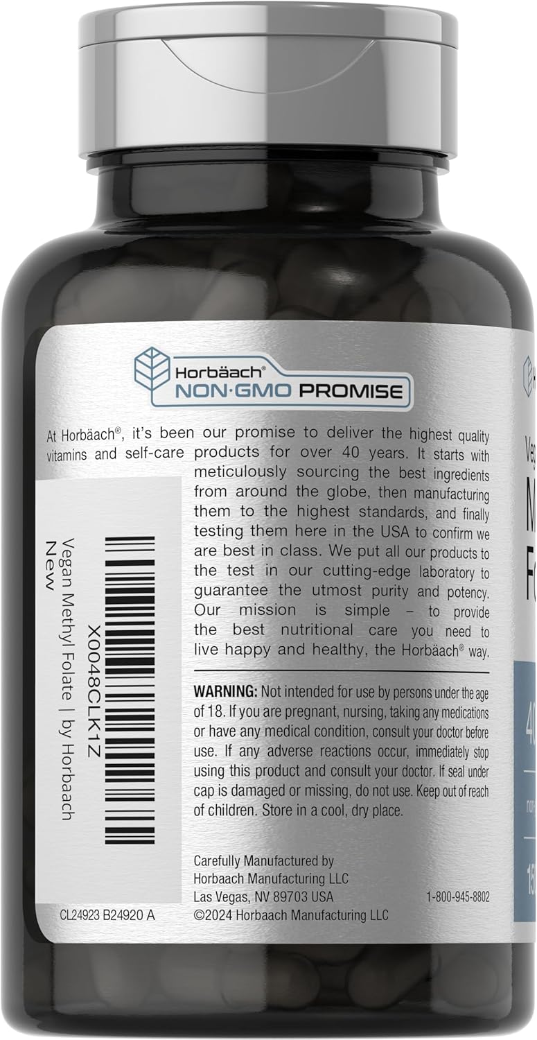 150 Vegan Capsules of Horbäach Methyl Folate 400 mcg - Non-GMO, Gluten Free Dietary Supplement