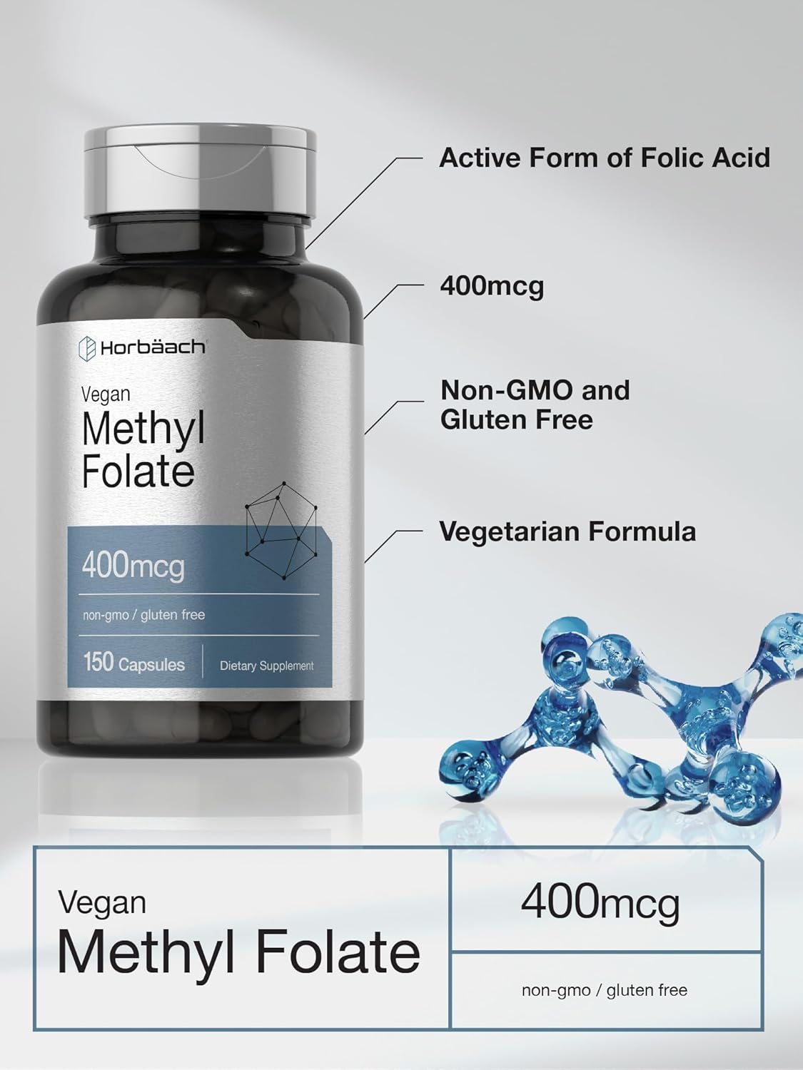 150 Vegan Capsules of Horbäach Methyl Folate 400 mcg - Non-GMO, Gluten Free Dietary Supplement