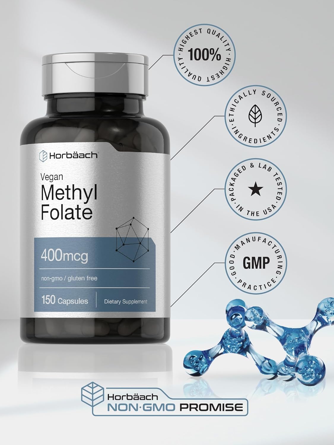 150 Vegan Capsules of Horbäach Methyl Folate 400 mcg - Non-GMO, Gluten Free Dietary Supplement