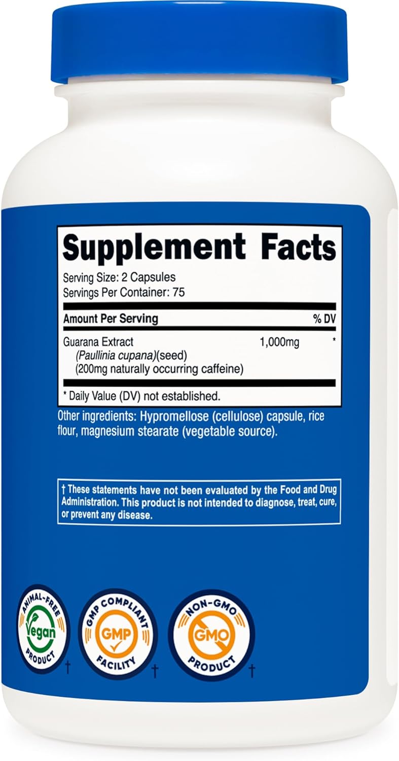 150 Vegetarian Capsules of Nutricost Guarana 1000mg - Herbal Brazilian Caffeine Energizer Supplement