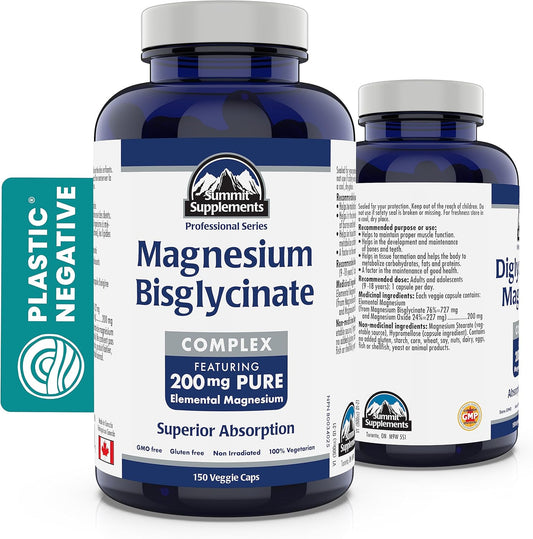 150 Veggie Caps of Summit Supplements Magnesium Bisglycinate Complex 200 mg - Supports Bone Health, Muscle Function, and Tissue Formation