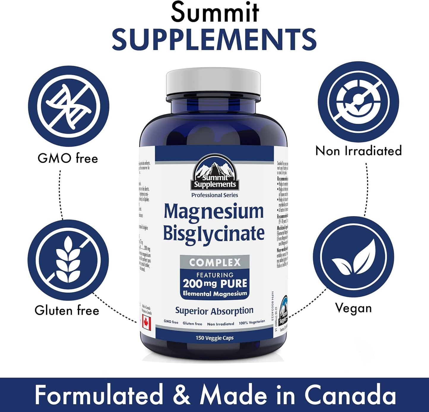 150 Veggie Caps of Summit Supplements Magnesium Bisglycinate Complex 200 mg - Supports Bone Health, Muscle Function, and Tissue Formation