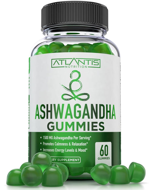 1500 MG Atlantis Nutrition Ashwagandha Gummies for Calmness, Mood, Energy, & Immune Support - Vitamin D, Zinc, Vegan - 60 Count