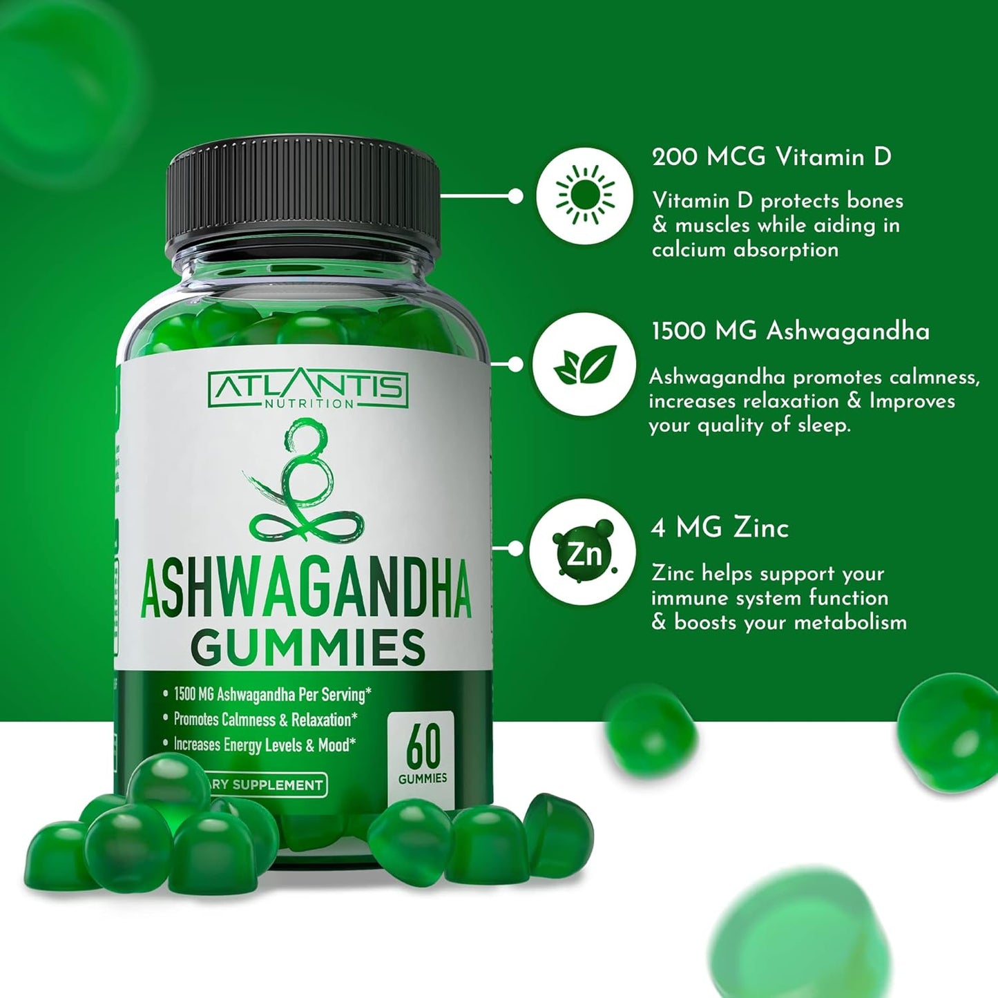 1500 MG Atlantis Nutrition Ashwagandha Gummies for Calmness, Mood, Energy, & Immune Support - Vitamin D, Zinc, Vegan - 60 Count