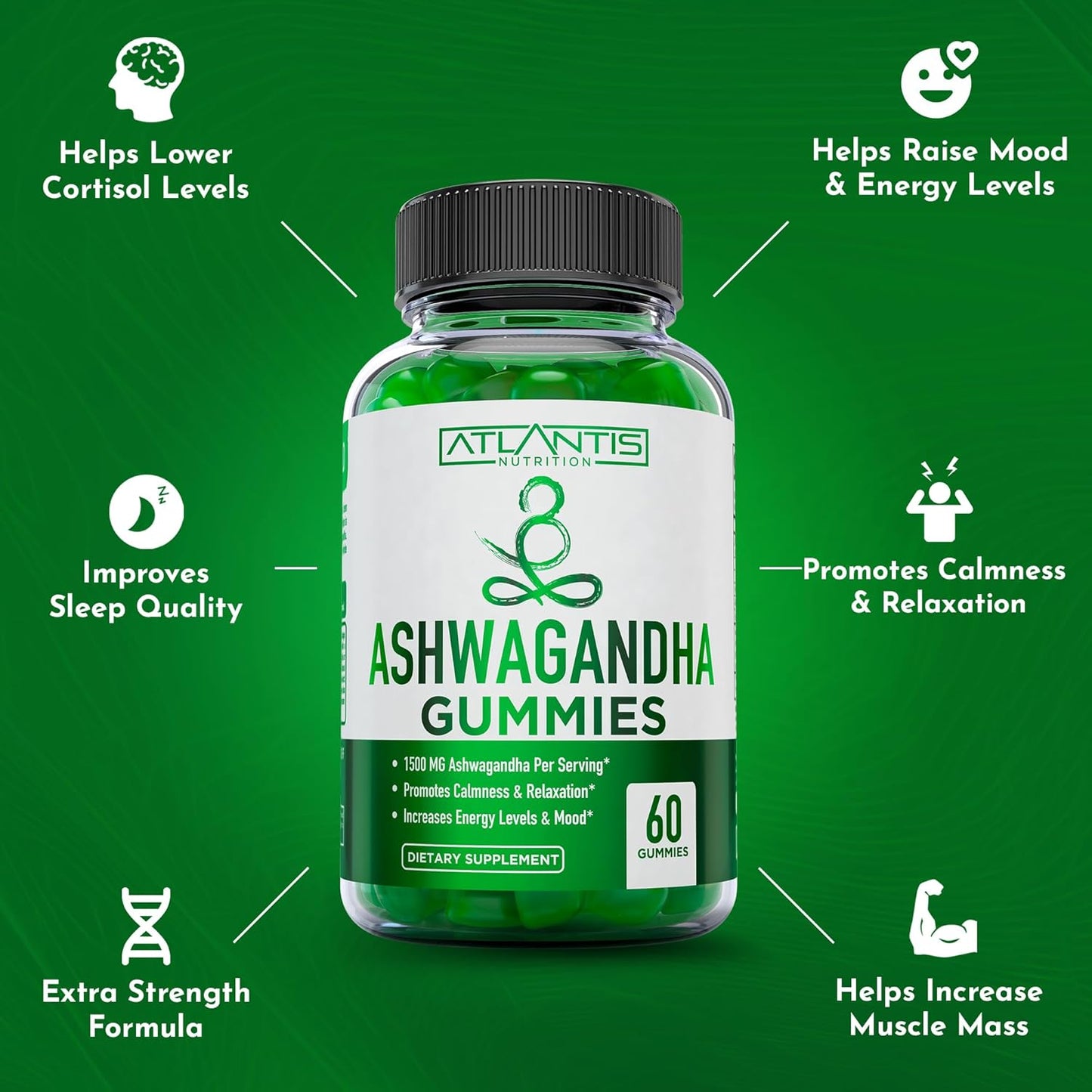 1500 MG Atlantis Nutrition Ashwagandha Gummies for Calmness, Mood, Energy, & Immune Support - Vitamin D, Zinc, Vegan - 60 Count