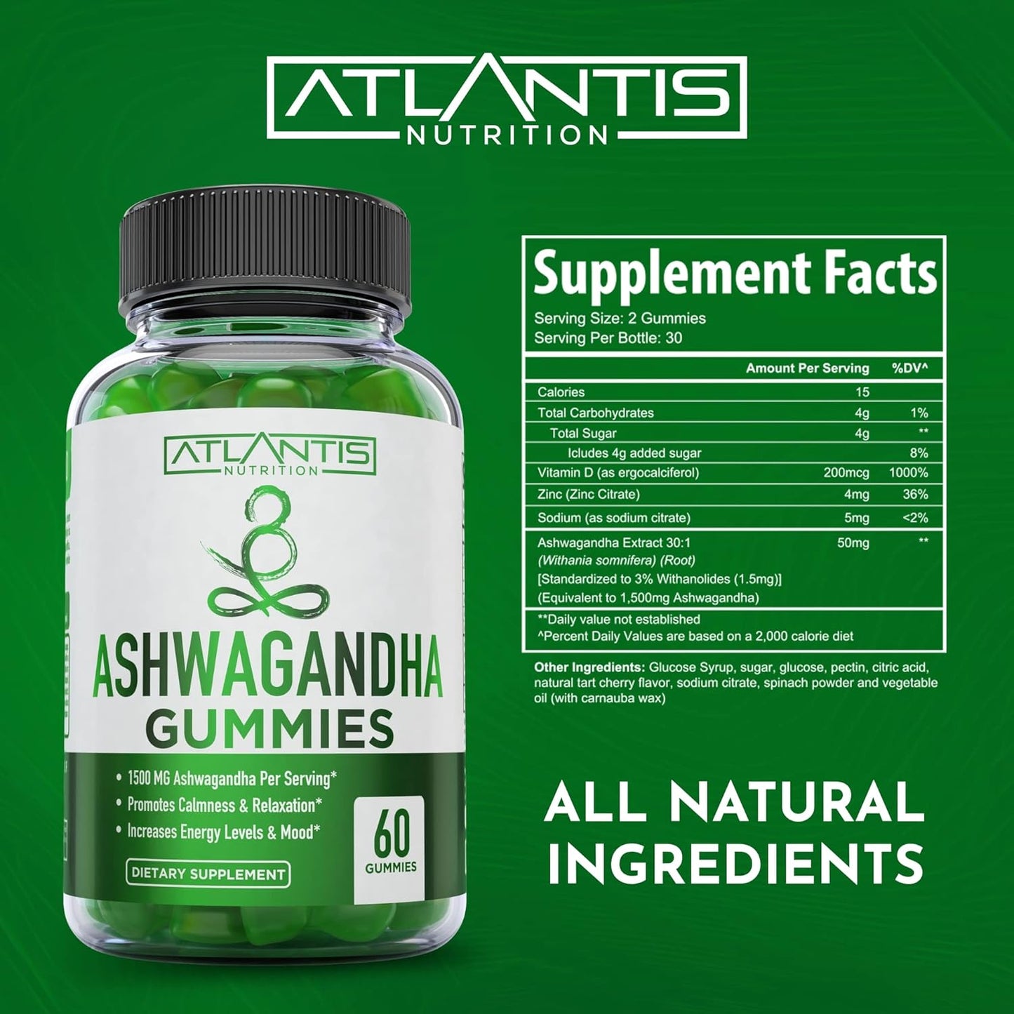 1500 MG Atlantis Nutrition Ashwagandha Gummies for Calmness, Mood, Energy, & Immune Support - Vitamin D, Zinc, Vegan - 60 Count