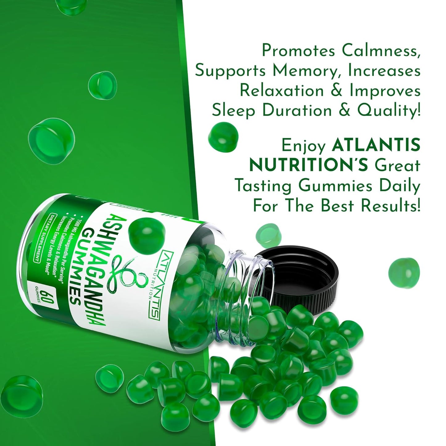 1500 MG Atlantis Nutrition Ashwagandha Gummies for Calmness, Mood, Energy, & Immune Support - Vitamin D, Zinc, Vegan - 60 Count
