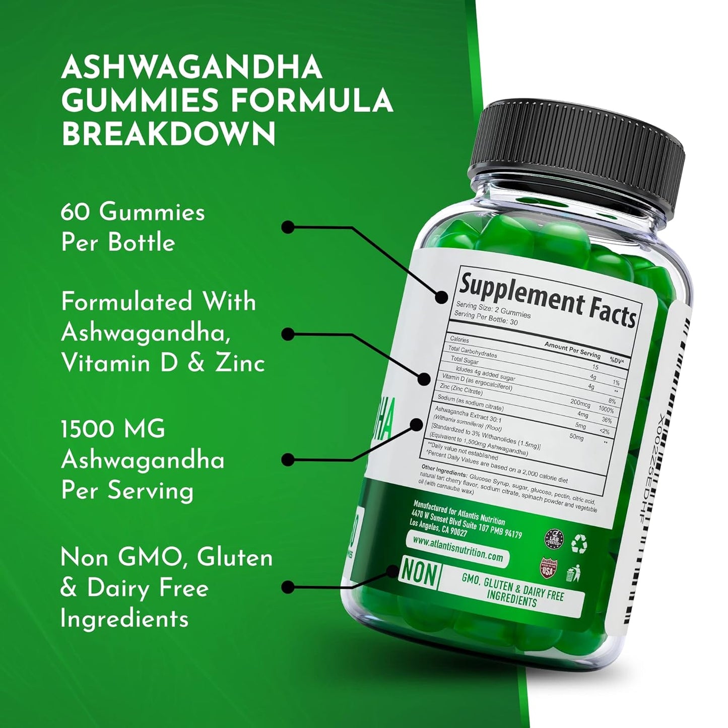 1500 MG Atlantis Nutrition Ashwagandha Gummies for Calmness, Mood, Energy, & Immune Support - Vitamin D, Zinc, Vegan - 60 Count