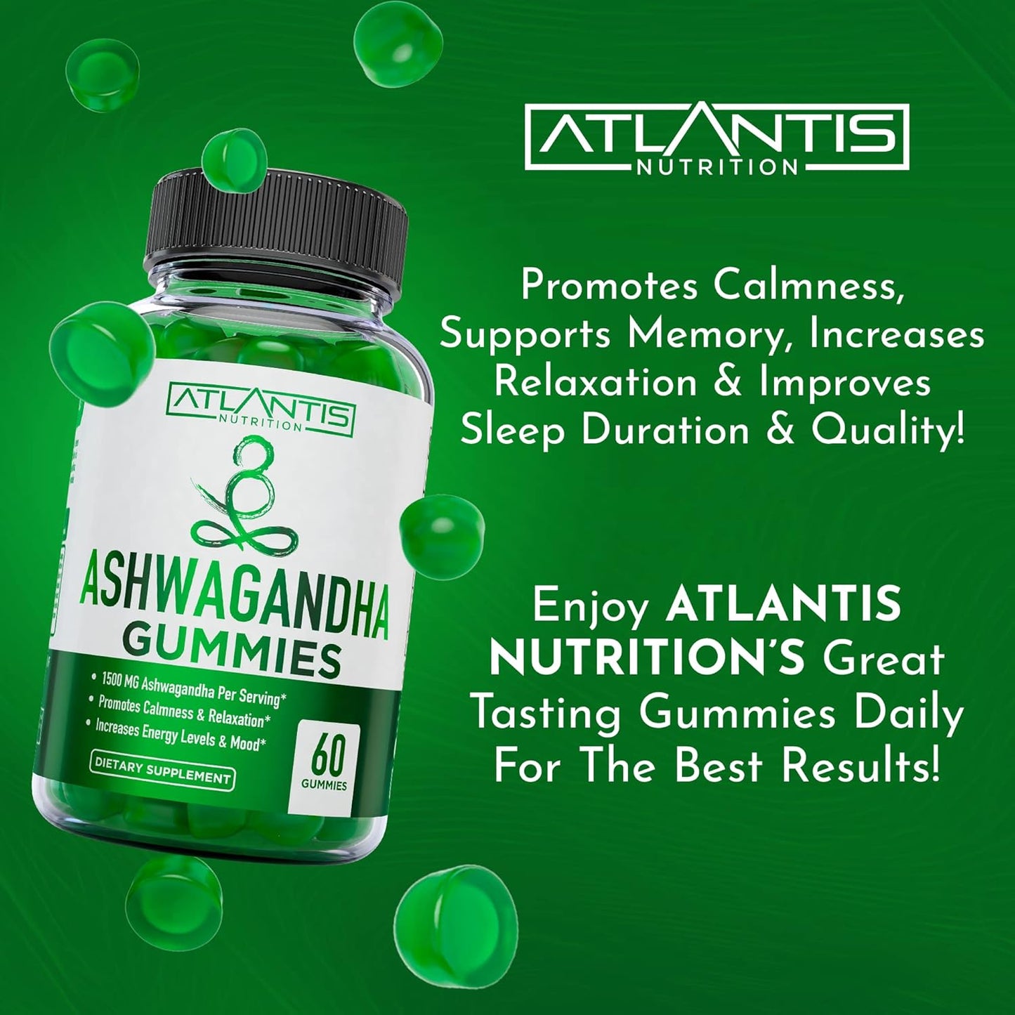 1500 MG Atlantis Nutrition Ashwagandha Gummies for Calmness, Mood, Energy, & Immune Support - Vitamin D, Zinc, Vegan - 60 Count