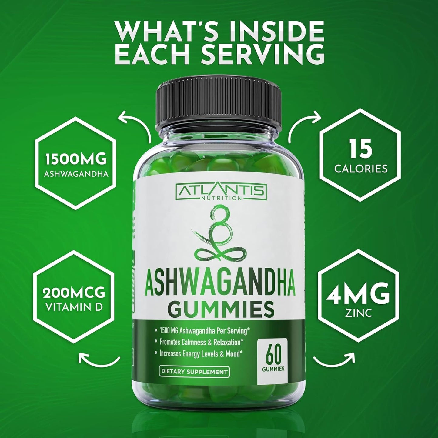 1500 MG Atlantis Nutrition Ashwagandha Gummies for Calmness, Mood, Energy, & Immune Support - Vitamin D, Zinc, Vegan - 60 Count