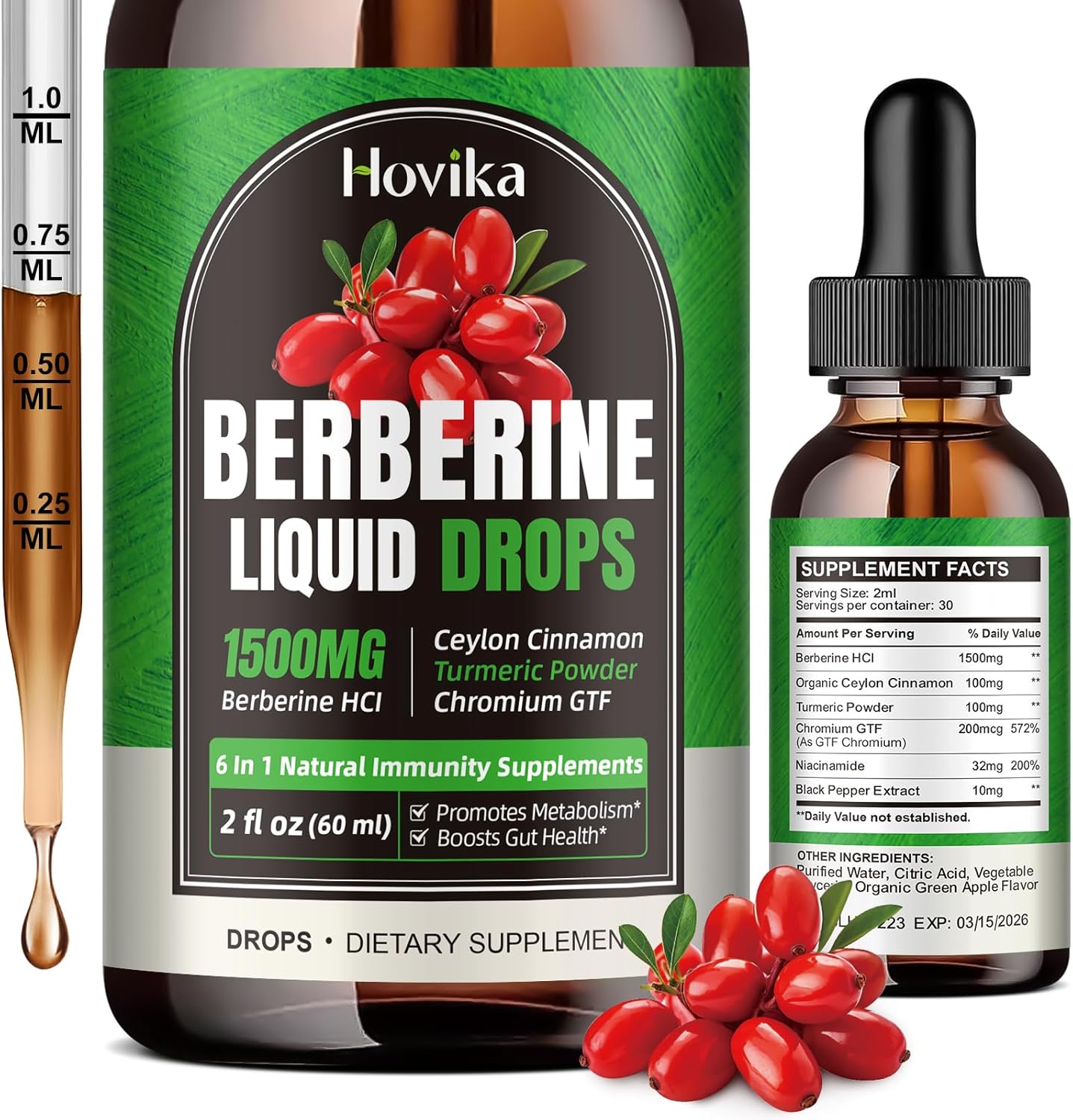 1500 mg Berberine HCL Liquid Drops with Ceylon Cinnamon, Turmeric, Chromium - Supports Metabolism, Immune System, Gut Health - 2 FL Oz Vegan Supplement