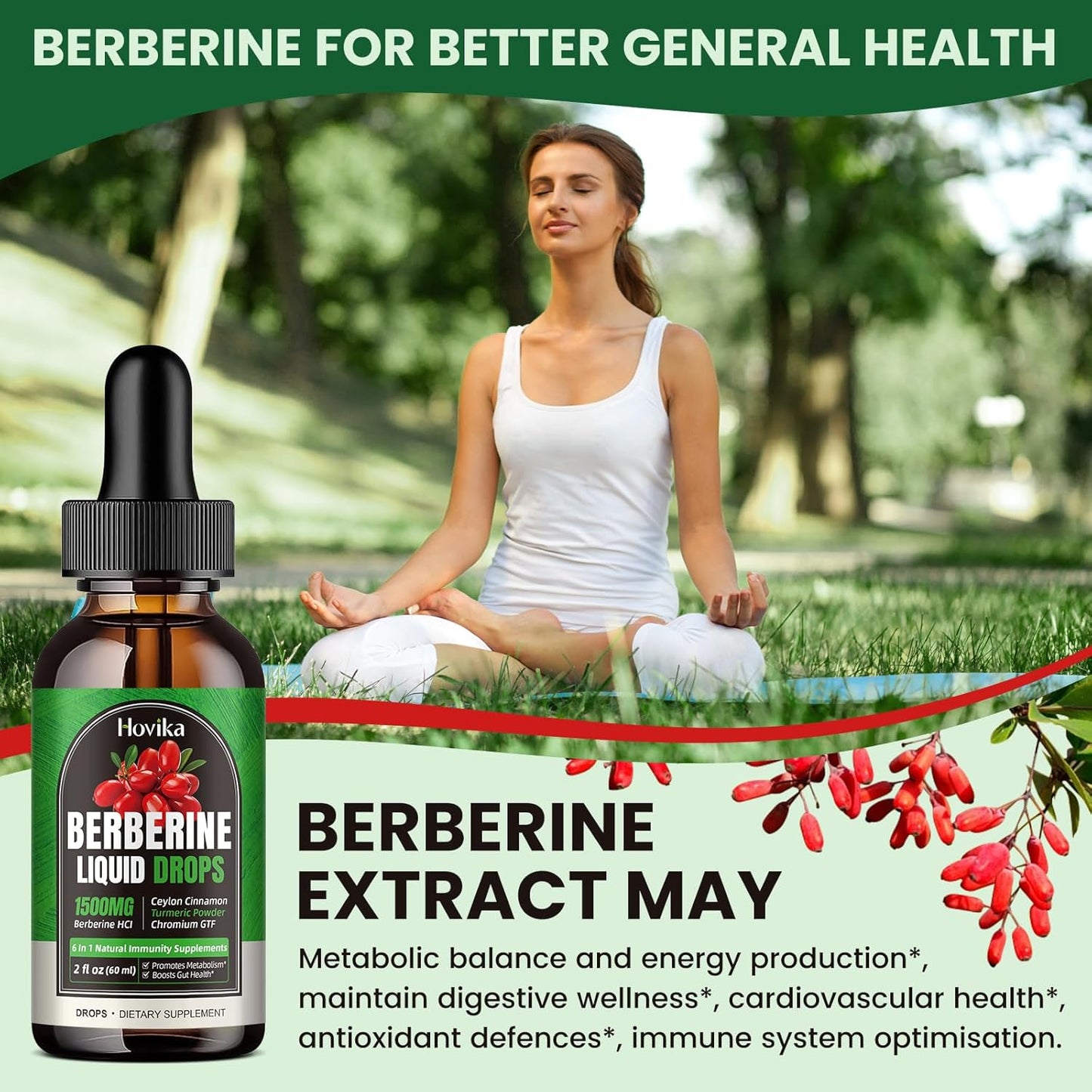 1500 mg Berberine HCL Liquid Drops with Ceylon Cinnamon, Turmeric, Chromium - Supports Metabolism, Immune System, Gut Health - 2 FL Oz Vegan Supplement