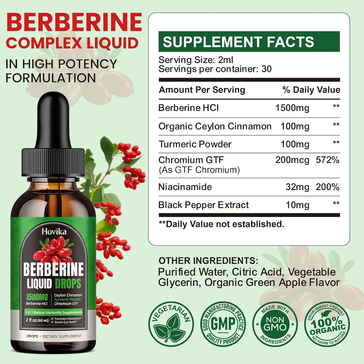 1500 mg Berberine HCL Liquid Drops with Ceylon Cinnamon, Turmeric, Chromium - Supports Metabolism, Immune System, Gut Health - 2 FL Oz Vegan Supplement