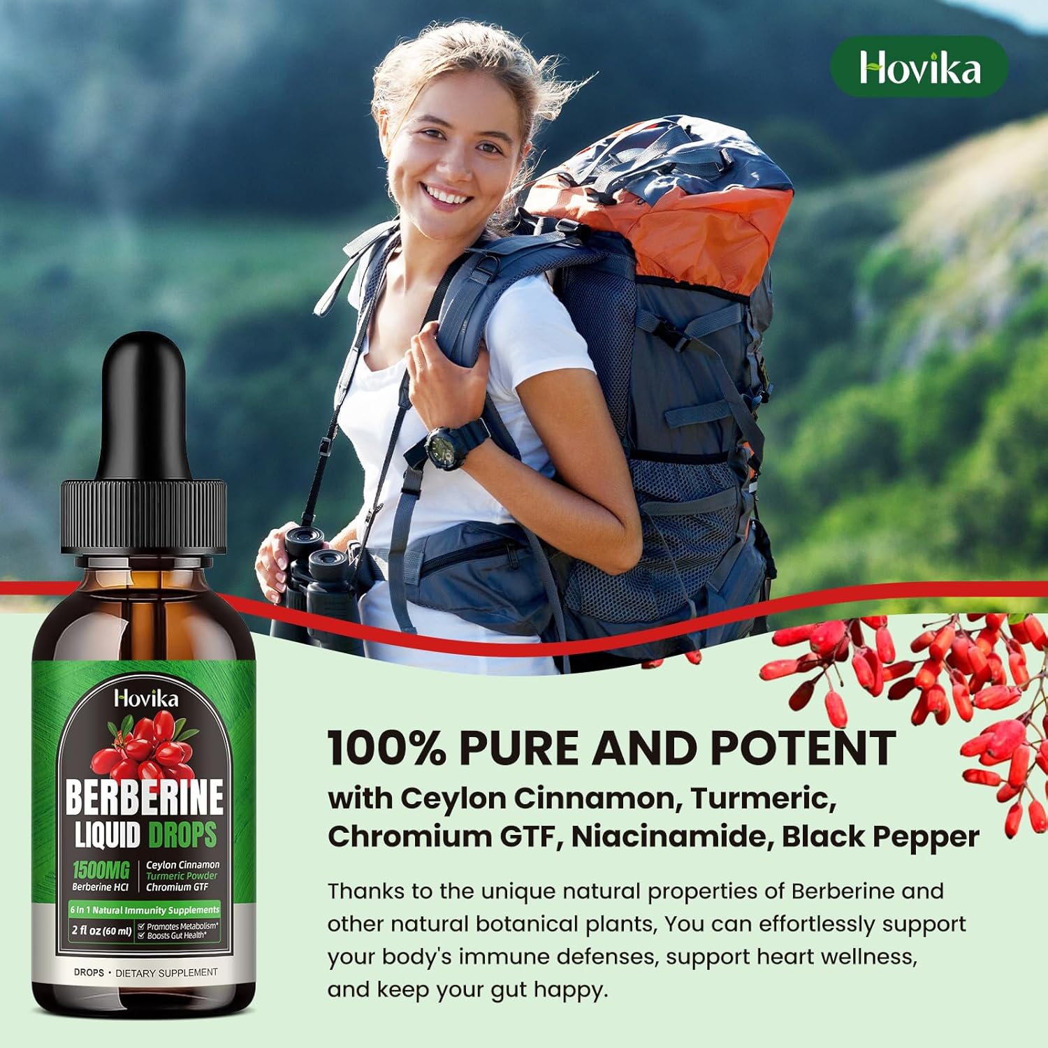 1500 mg Berberine HCL Liquid Drops with Ceylon Cinnamon, Turmeric, Chromium - Supports Metabolism, Immune System, Gut Health - 2 FL Oz Vegan Supplement