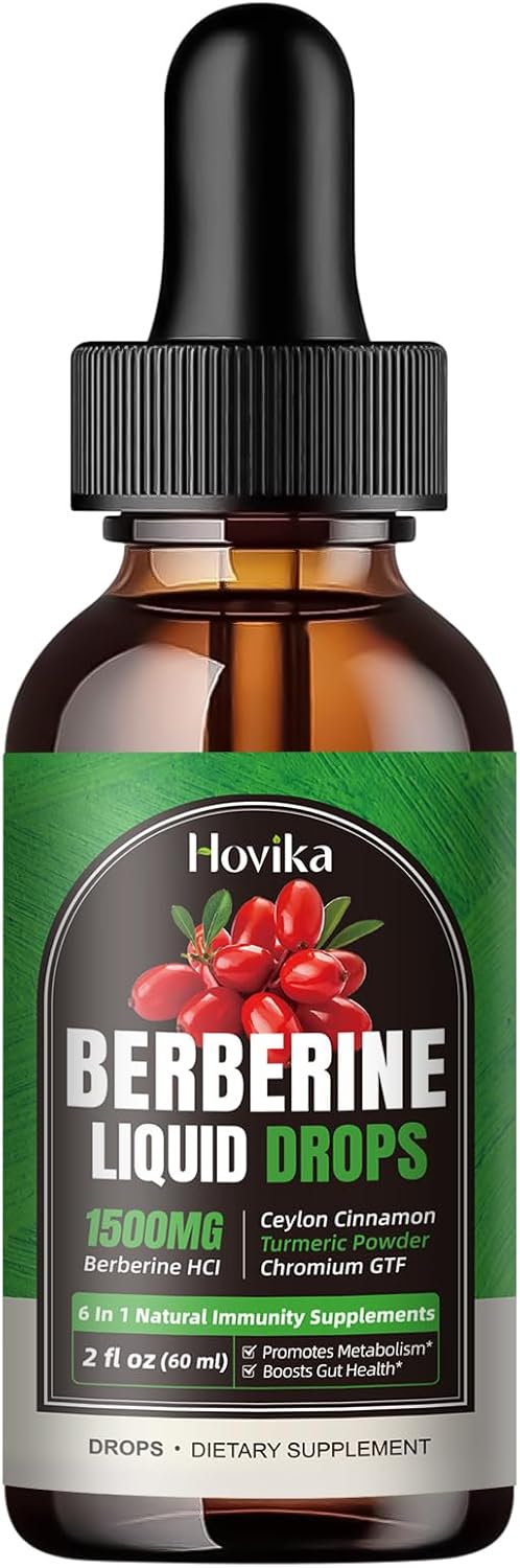 1500 mg Berberine HCL Liquid Drops with Ceylon Cinnamon, Turmeric, Chromium - Supports Metabolism, Immune System, Gut Health - 2 FL Oz Vegan Supplement