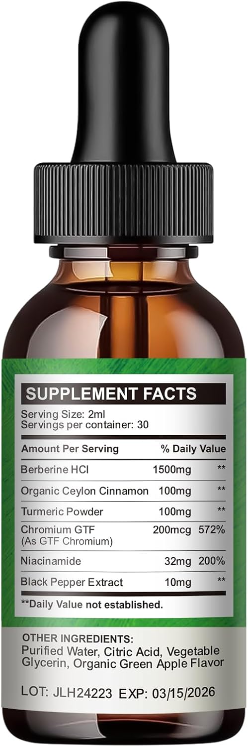 1500 mg Berberine HCL Liquid Drops with Ceylon Cinnamon, Turmeric, Chromium - Supports Metabolism, Immune System, Gut Health - 2 FL Oz Vegan Supplement