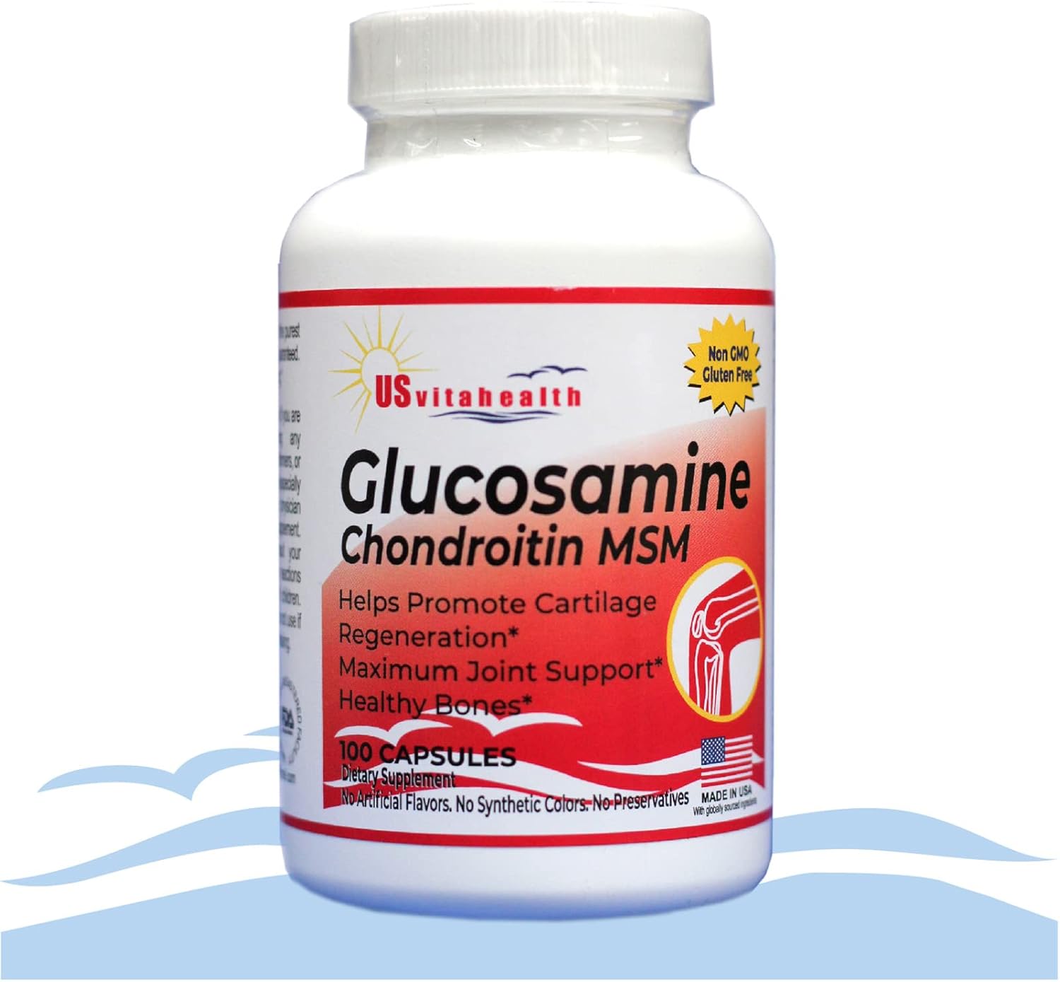 1500 mg US Vitahealth Glucosamine Chondroitin MSM - Joint & Bone Support for Comfort and Function - 100 Count Non GMO Gluten Free Supplement