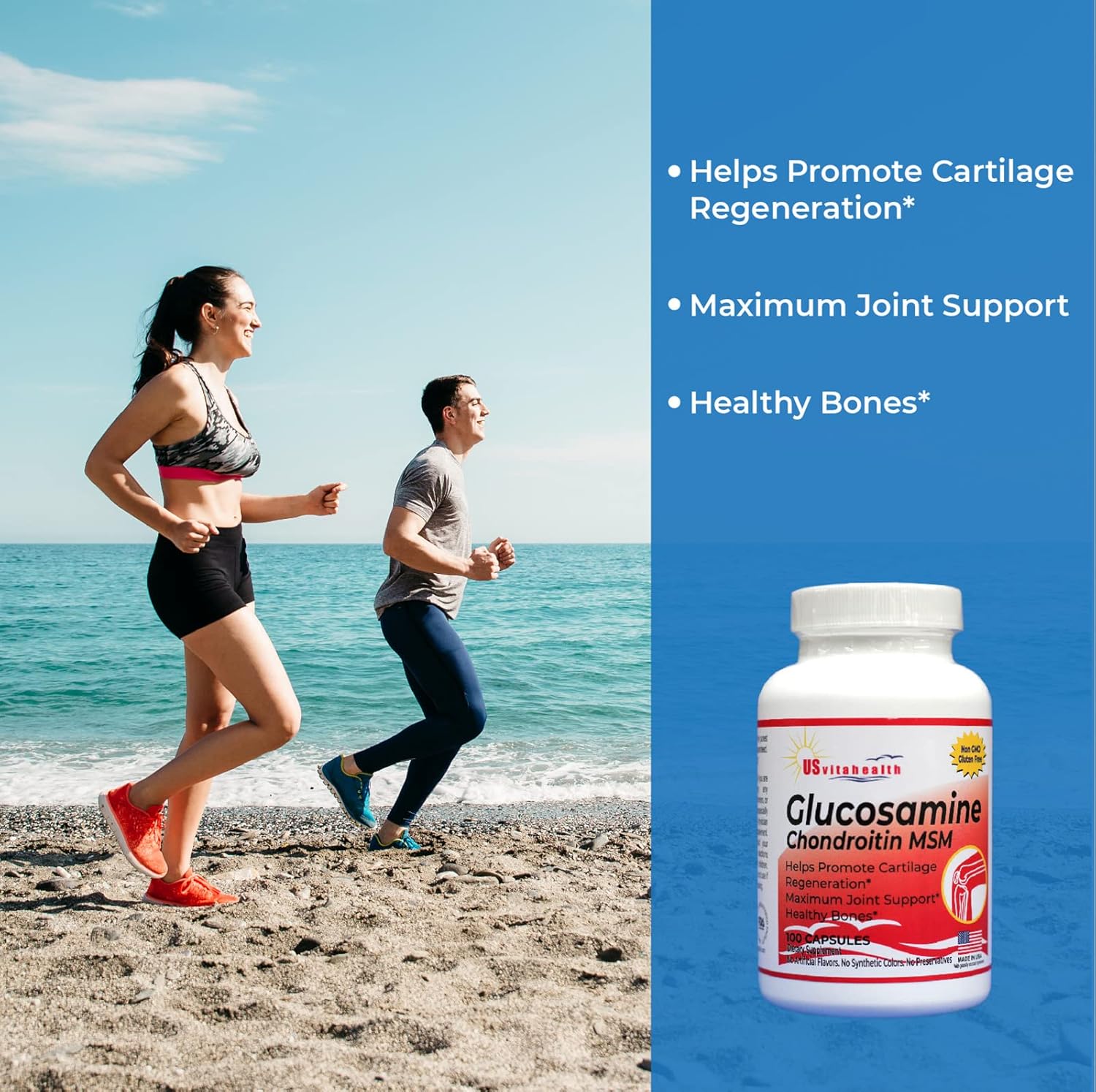 1500 mg US Vitahealth Glucosamine Chondroitin MSM - Joint & Bone Support for Comfort and Function - 100 Count Non GMO Gluten Free Supplement