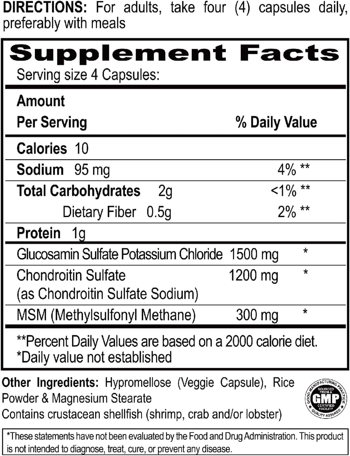 1500 mg US Vitahealth Glucosamine Chondroitin MSM - Joint & Bone Support for Comfort and Function - 100 Count Non GMO Gluten Free Supplement