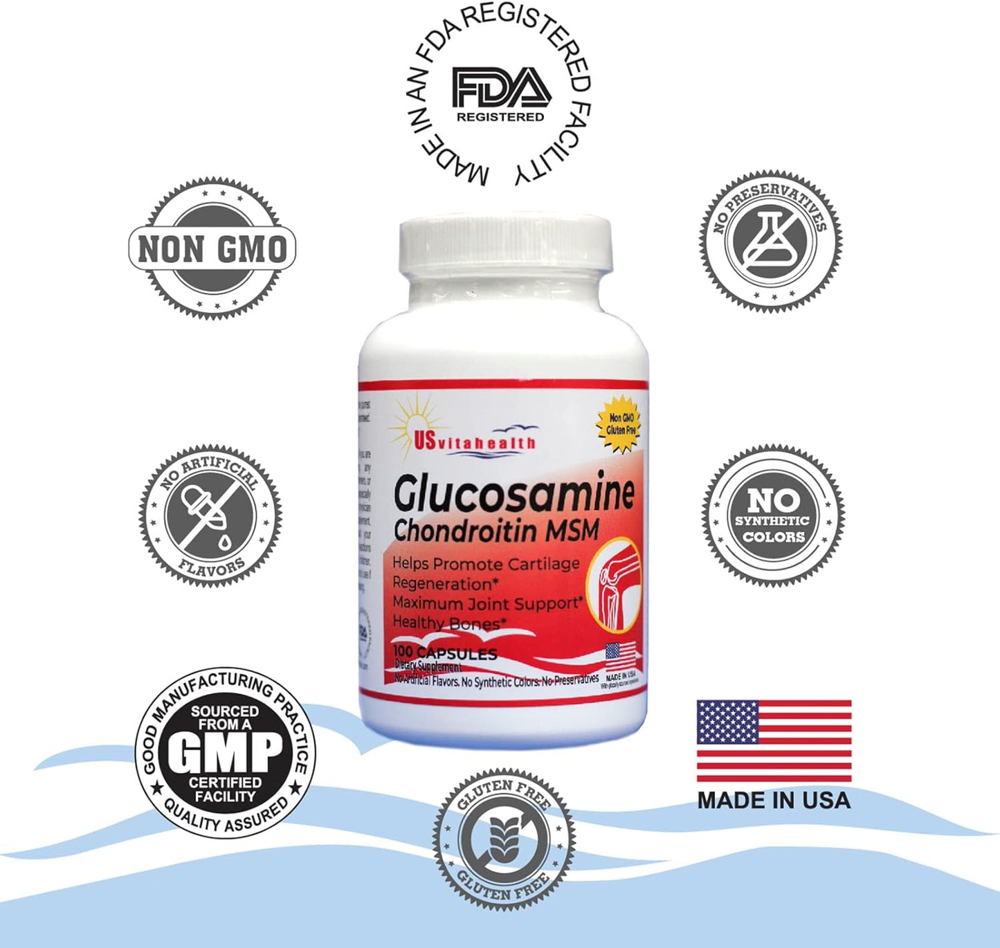 1500 mg US Vitahealth Glucosamine Chondroitin MSM - Joint & Bone Support for Comfort and Function - 100 Count Non GMO Gluten Free Supplement