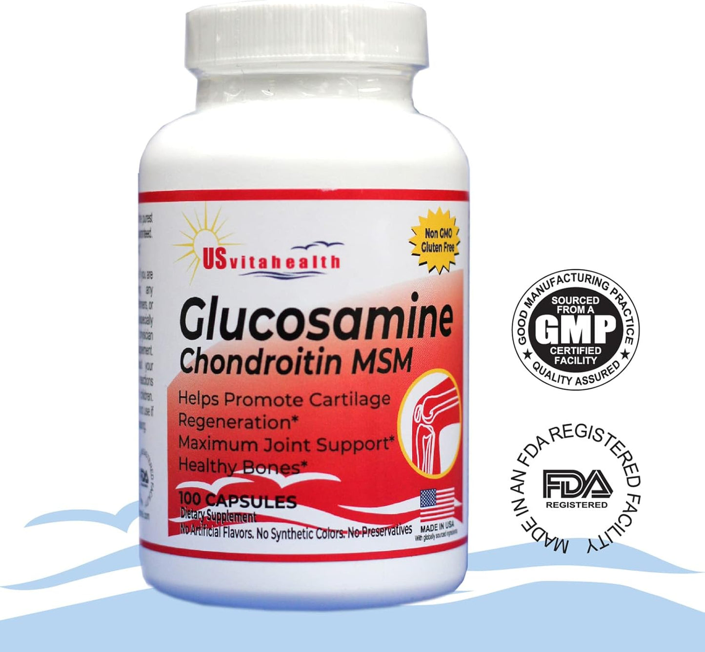 1500 mg US Vitahealth Glucosamine Chondroitin MSM - Joint & Bone Support for Comfort and Function - 100 Count Non GMO Gluten Free Supplement