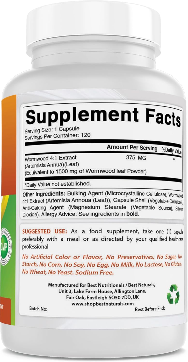 1500 mg Wormwood Extract Capsules - Gluten Free & Non-GMO - 120 Servings