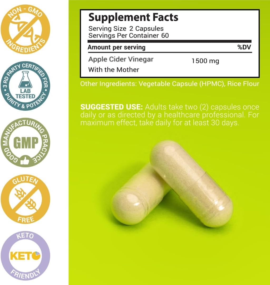 1500mg Apple Cider Vinegar Capsules with Mother - Energy Boost, Immunity Support, Digestion & Metabolism - Non-GMO, Gluten-Free - 120-Day Supply