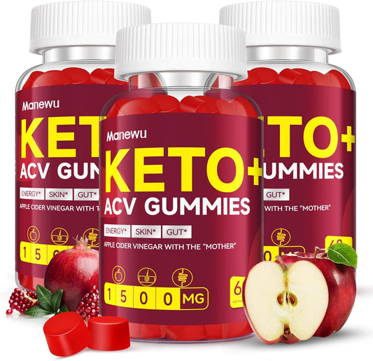 1500mg Apple Cider Vinegar Gummies for Metabolism & Energy Boost - Organic, Vegan, Gluten-Free Keto Supplement - Made in USA - 3 Pack