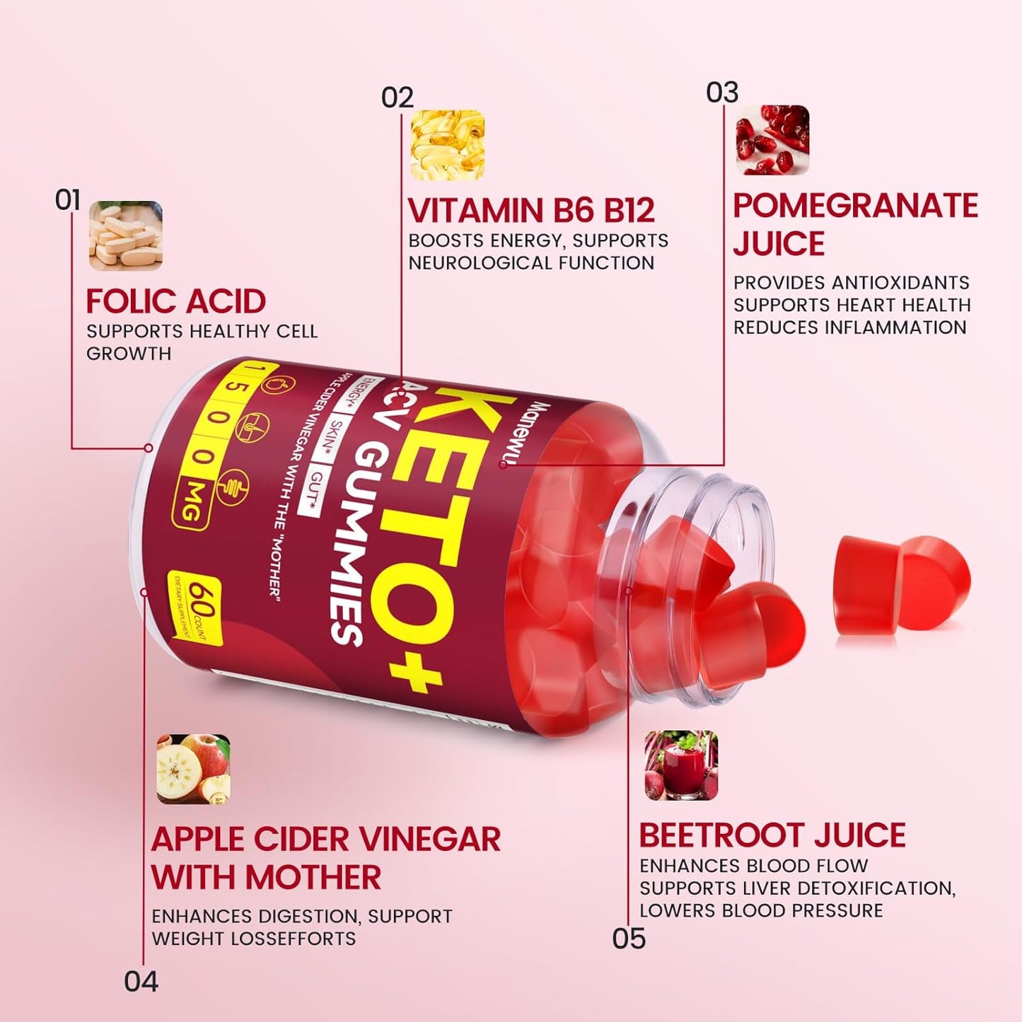 1500mg Apple Cider Vinegar Gummies for Metabolism & Energy Boost - Organic, Vegan, Gluten-Free Keto Supplement - Made in USA - 3 Pack