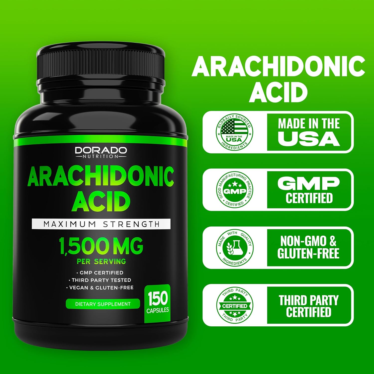 1500mg Arachidonic Acid Supplement for Muscle Mass & Recovery - Non-GMO, Gluten Free - 150 Capsules, 3rd Party Tested
