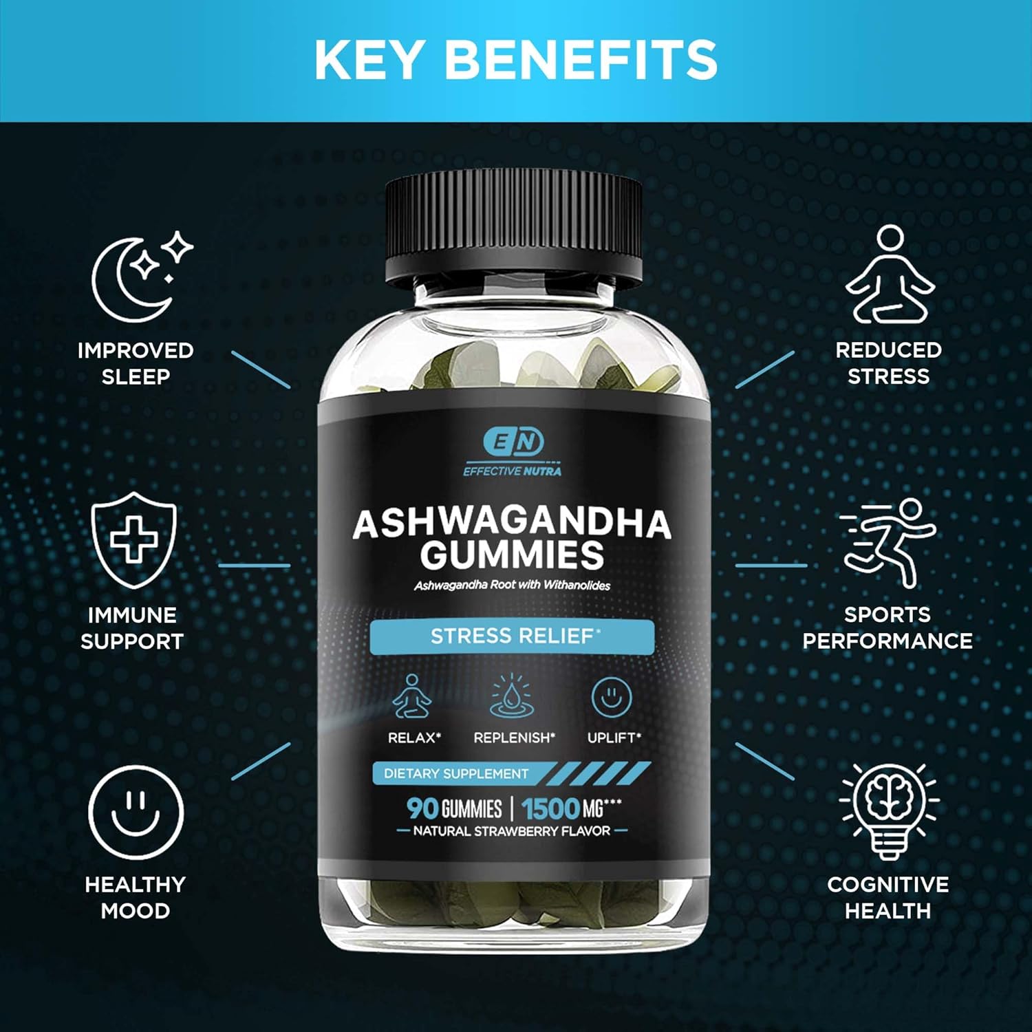 1500mg Ashwagandha Gummies for Stress Relief, Immune Support, and Energy Boost - Natural Berry Flavor - 90ct Vegan Supplement