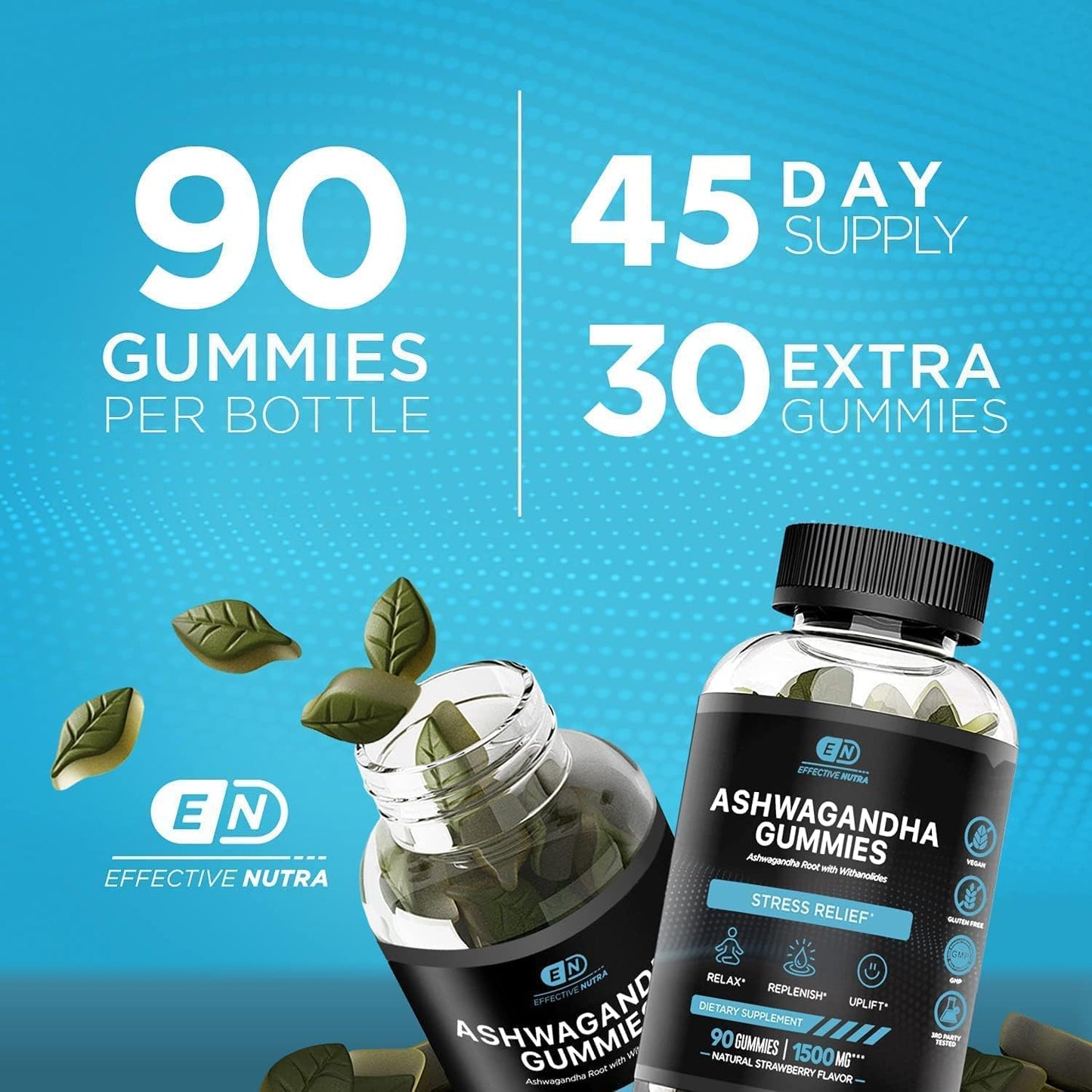 1500mg Ashwagandha Gummies for Stress Relief, Immune Support, and Energy Boost - Natural Berry Flavor - 90ct Vegan Supplement