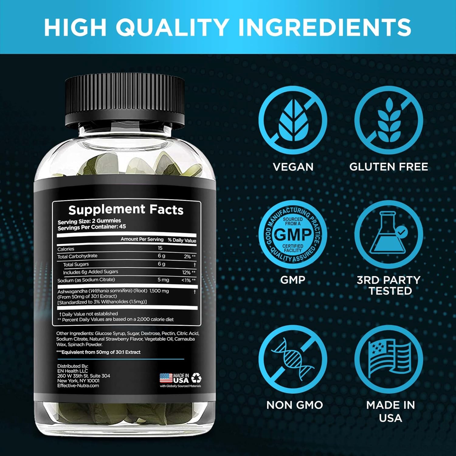 1500mg Ashwagandha Gummies for Stress Relief, Immune Support, and Energy Boost - Natural Berry Flavor - 90ct Vegan Supplement