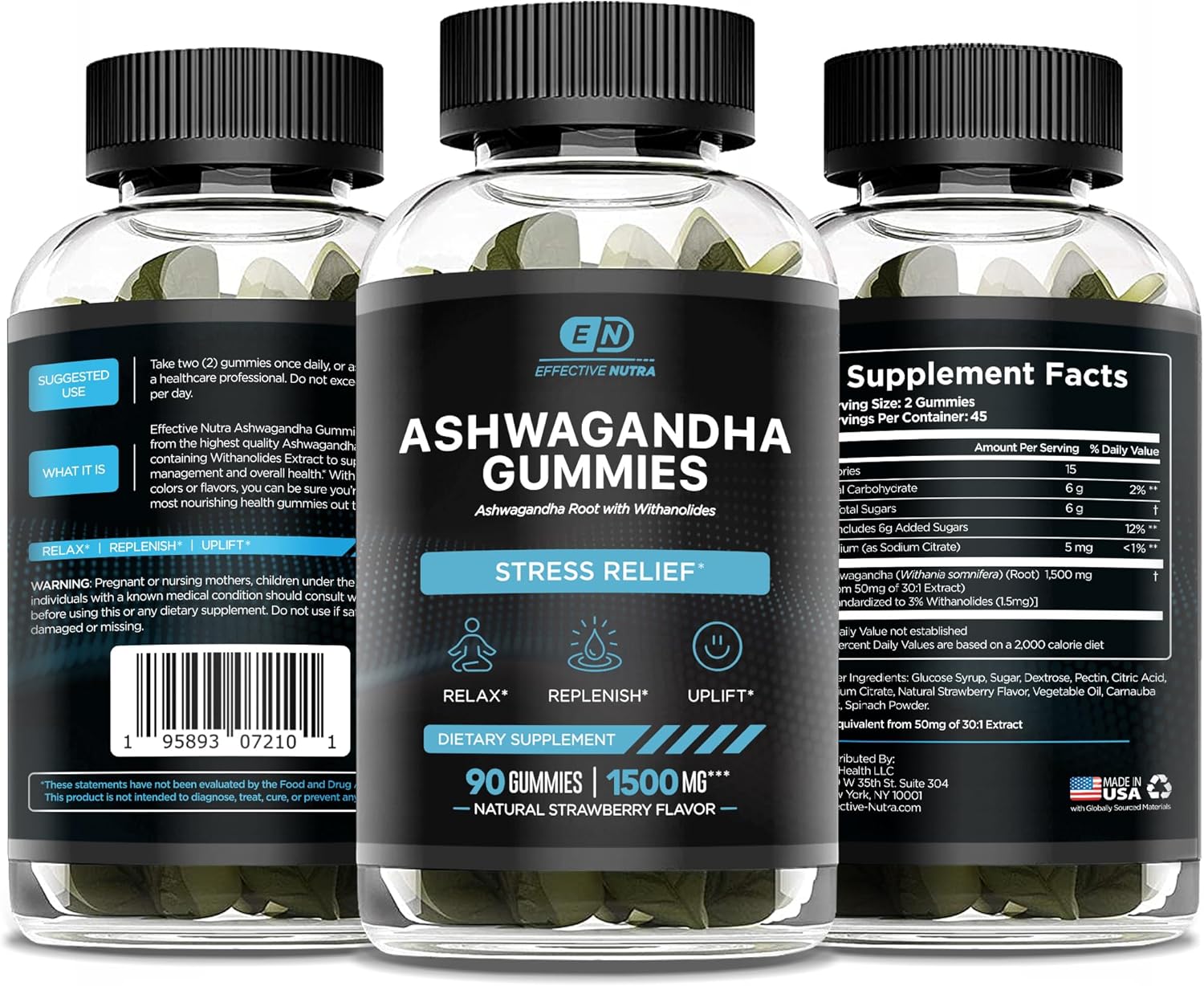 1500mg Ashwagandha Gummies for Stress Relief, Immune Support, and Energy Boost - Natural Berry Flavor - 90ct Vegan Supplement