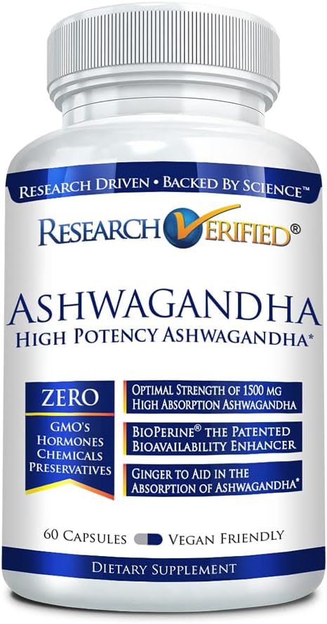 1500mg Ashwagandha with Bioperine & Ginger Root - Cognitive Function Support - 60 Vegan Capsules