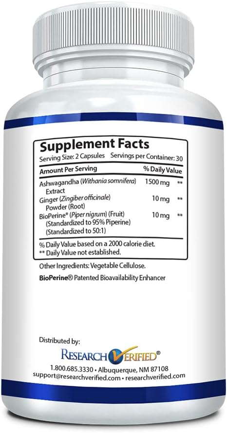 1500mg Ashwagandha with Bioperine & Ginger Root - Cognitive Function Support - 60 Vegan Capsules
