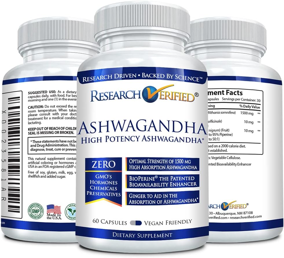 1500mg Ashwagandha with Bioperine & Ginger Root - Cognitive Function Support - 60 Vegan Capsules