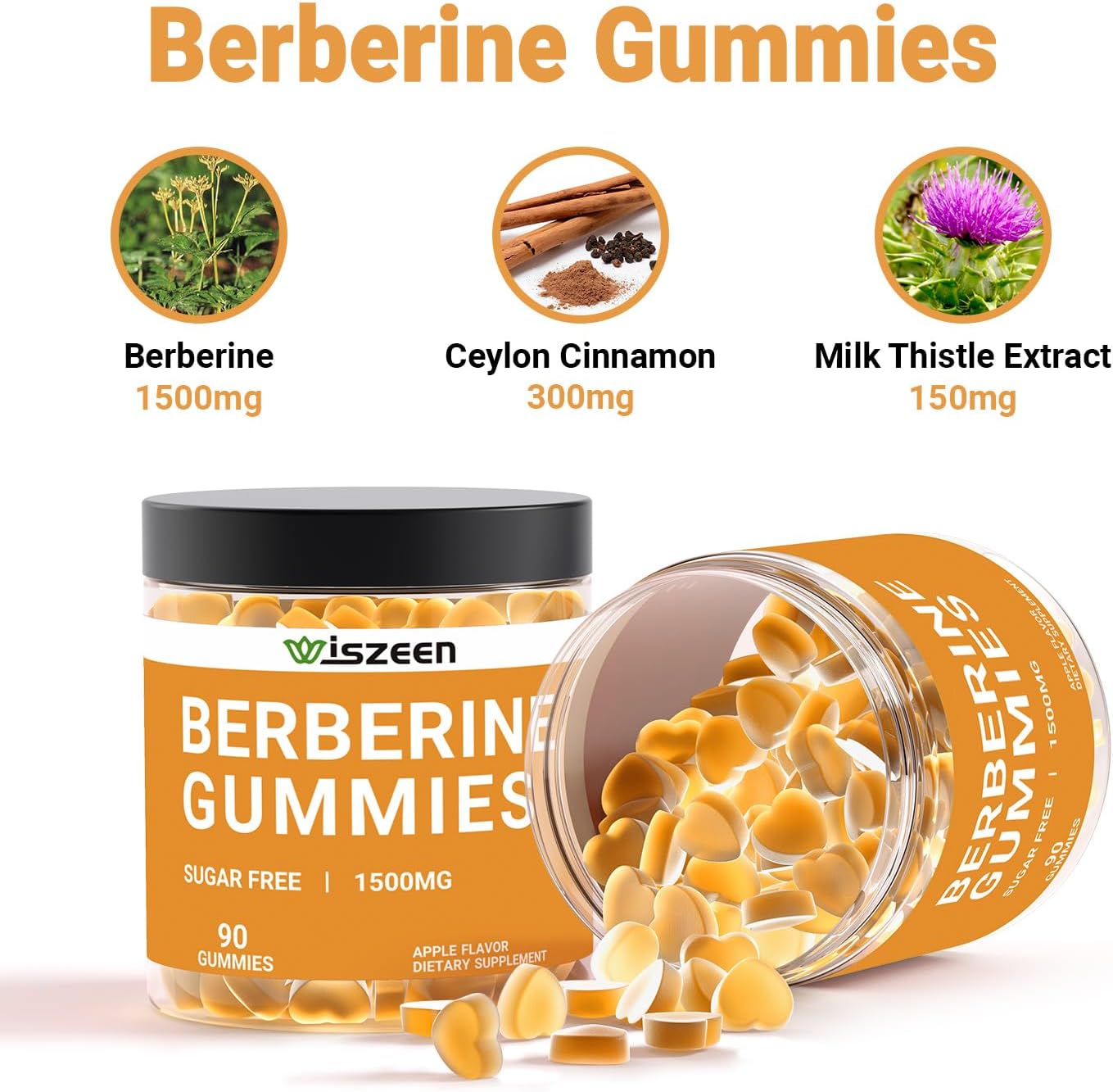 1500mg Berberine Gummies with Ceylon Cinnamon - Sugar Free Supplement (90 ct)