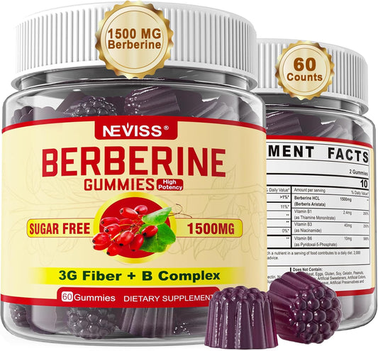 1500mg Berberine Supplement with Prebiotic Fiber, B Vitamins, and Sugar-Free Gummies - Immune and Digestive Support for Men and Women - 60 Count Pack