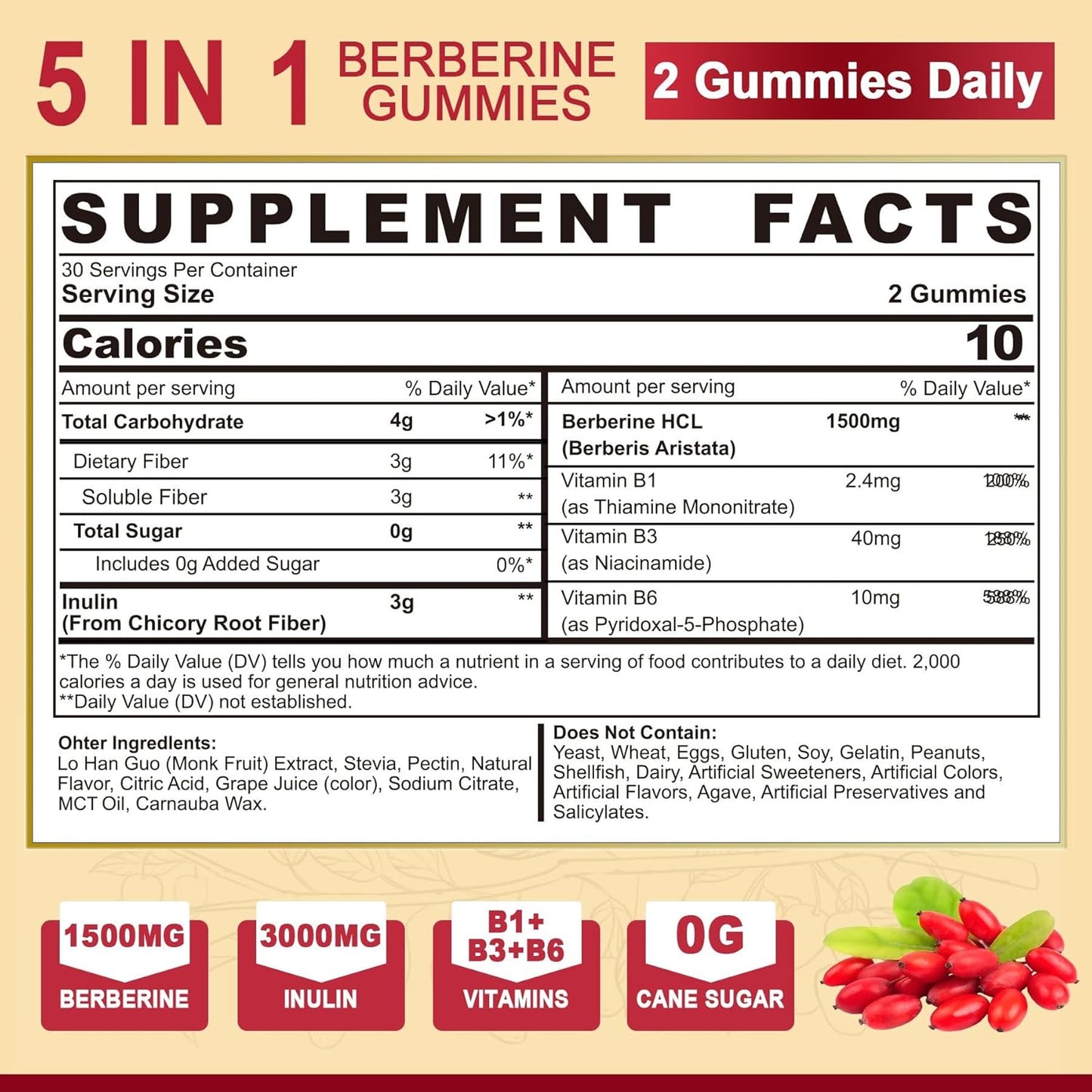 1500mg Berberine Supplement with Prebiotic Fiber, B Vitamins, and Sugar-Free Gummies - Immune and Digestive Support for Men and Women - 60 Count Pack