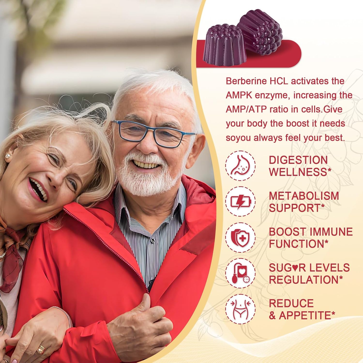 1500mg Berberine Supplement with Prebiotic Fiber, B Vitamins, and Sugar-Free Gummies - Immune and Digestive Support for Men and Women - 60 Count Pack