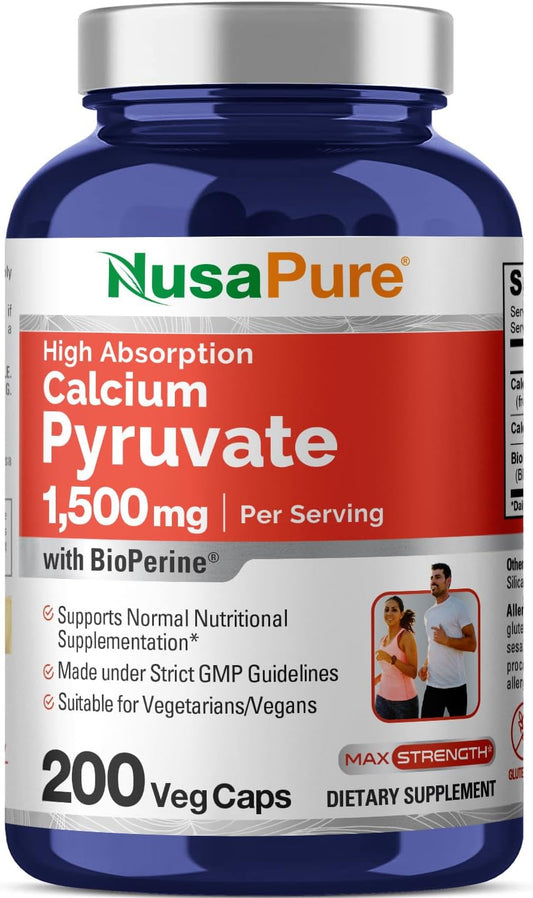 1500mg Calcium Pyruvate Capsules - 200 Count, Non-GMO & Vegan - 750mg per Capsule