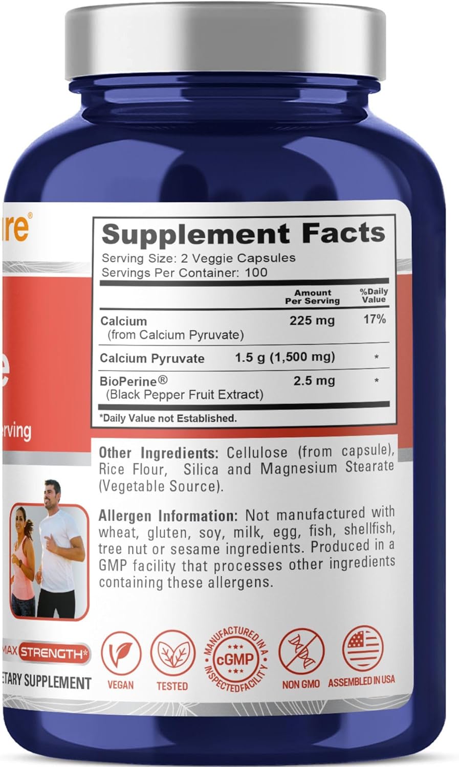 1500mg Calcium Pyruvate Capsules - 200 Count, Non-GMO & Vegan - 750mg per Capsule